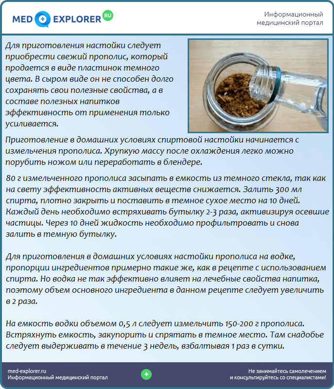 Настойка прополиса на водке: как приготовить и принимать, полезные свойства и противопоказания, рецепты